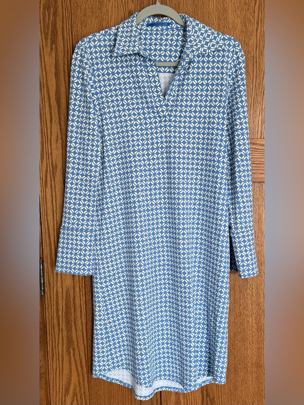 Blue Printed Midi Dress with Collared V-Neck